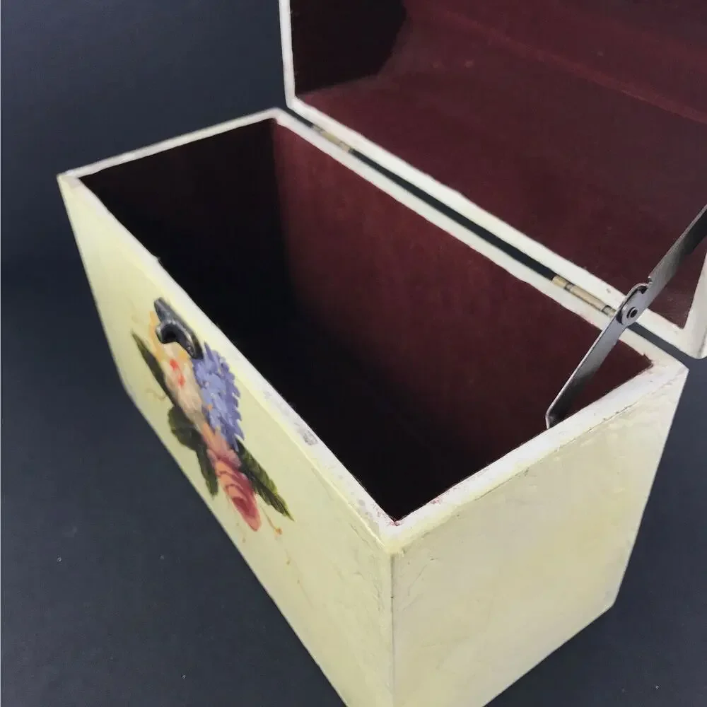 Antique-Like Small Lacquerware Box, Hand-Painted Yellow Flowers, Keepsake Chest